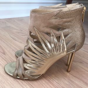 Jimmy Choo gold and beige open toe booties